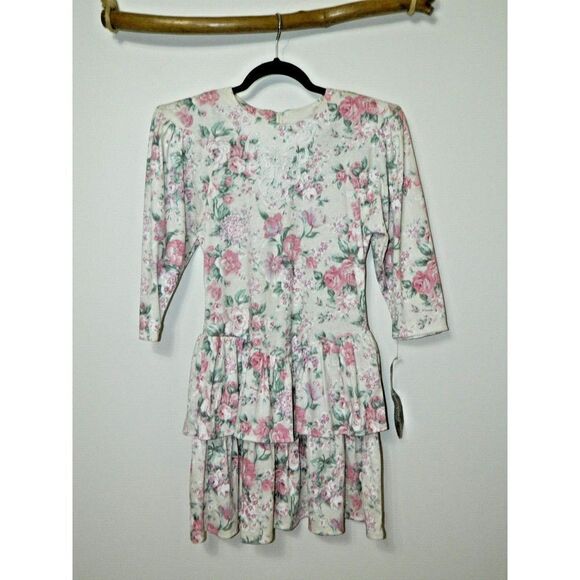 Champagne West Dress Size 3/4‎ Vintage 80s  Ivory Pink Floral Tier Skater Mini - Picture 5 of 12